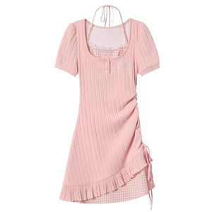 Vestido Casual de Verano para Mujer, Estilo Vintage, Cuello Halter, Efecto Dos Piezas, Crepé, Largo hasta el Suelo, Manga Larga, Corte Ajustado, para Mujeres Pequeñas - Product Image 4