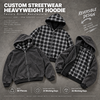 Veste à capuche zippée surdimensionnée en tissu épais, style streetwear, personnalisable, avec doublure à carreaux et effet délavé vintage, fabrication directe usine, marque privée OEM