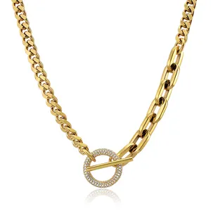 Runder Kreis Strass Kristalle Link Lock Edelstahl Cuban Link Chain Anhänger Halskette Choker Statement Halskette