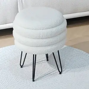 Bailey Teddy White Boucle Ottoman Pouf Round Storage Stool Chair Footrest with Metal Legs Footrest for Living Room