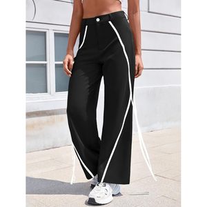 Fisoew Pantalones anchos para mujer, pantalones Palazzo con rayas laterales y cintura alta, pantalones casuales de pierna recta - Product Image 2
