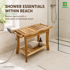 CHOMECO Tabouret de <span class=keywords><strong>Douche</strong></span> de Luxe Moderne et Durable en <span class=keywords><strong>Bois</strong></span> de Teck Africain avec Crochet Latéral <span class=keywords><strong>pour</strong></span> Pomme de <span class=keywords><strong>Douche</strong></span>, <span class=keywords><strong>Banc</strong></span> de Salle de Bain Étanche à 2 Étagères - Product Image 2