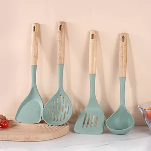 Manjia Large Non-stick Silicone Cooking Utensils Set Wooden Handle Heat Resistance Silicone Spatula Soup Ladle Kitchen Gadgets