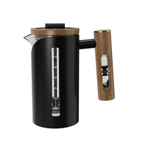 Cafetière à piston de luxe moderne à double paroi en acier inoxydable 304 de qualité alimentaire et verre borosilicate, avec poignée en noyer, en forme de sablier, livrée en coffret cadeau