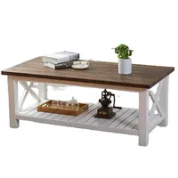 โต๊ะกาแฟไม้แบบชนบทโต๊ะค็อกเทลแนววินเทจพร้อมชั้นวางของสำหรับห้องนั่งเล่นสีขาวและสีน้ำตาล