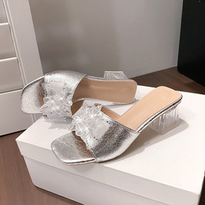 Summer Crystal Heel Square Toe Elegant Sandals New Arrival Rhinestone Fairy <b>Style</b> Plus Size Mid Heel Slippers for Women - Product Image 3
