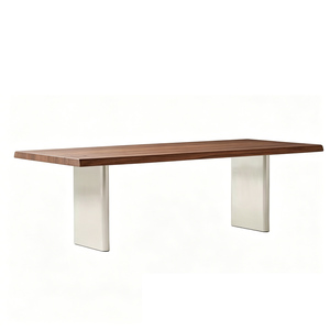 Table rectangulaire moderne en acier inoxydable avec plateau en bois massif naturel, idéale pour les restaurants et les repas en groupe - Product Image 6