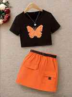 Ensemble Robe et Jupe pour Filles de 6 à 14 Ans : Haut Imprimé et Jupe en Tulle avec Ceinture, Vêtements Ados en Gros