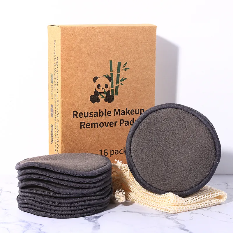 Almohadilla de algodón de fibra de carbón de bambú cosmético redondo Facial de la mejor calidad Almohadilla desmaquillante reutilizable negra con bolsa de lavandería