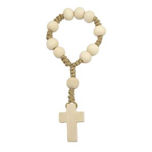 Bracelet chapelet en bois avec cordon tressé, cadeau de baptême, perles de prière, cadeaux de baby shower, unisexe, fait main, croix, fournisseur en gros - Product Image 2