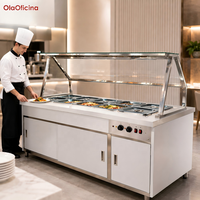Bain-marie électrique professionnel avec vitrine chauffante, comptoir de buffet vapeur et armoire de rangement avec protection anti-éclaboussures en verre