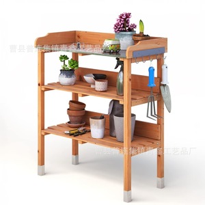 Wooden Multi Tier Shelf 3 Floors With <b>Hooks</b> For <b>Garden</b> Tools And Plants Storage Outdoor Use - Product Image 2