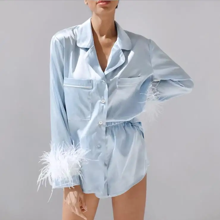 Ensemble pyjama bleu ciel et short, tenue de maison, vêtements de nuit, longues manches, avec plumes, style français, vente en gros, nouvelle collection automne 2021