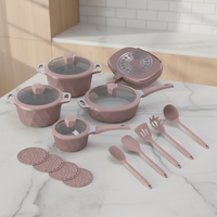 Ensemble de 18 casseroles et poêles roses avec couvercles en verre et poignées en bakélite, compatibles lave-vaisselle, pour cuisinières à gaz et à induction