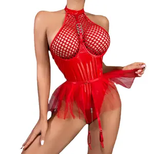 Women Bodysuit PU Erotic Mature Tube Lingerie Red Gauze Transparent Sexy Fishnet Lingerie