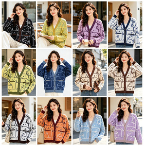 Custom Women <strong>Cat</strong> Print V-neck Nine Quarter Sleeve 100% Cotton Pockets Anti-Pilling Anti-Shrink Anti-Wrinkle Casual Knit <strong>Cardigan</strong> - Product Image 3