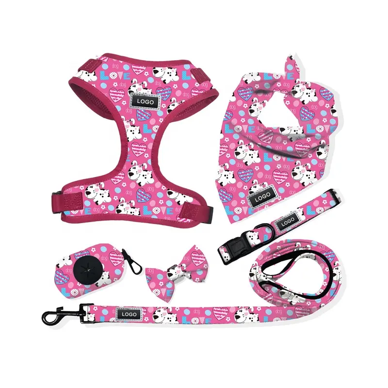 Bellissimi fiori piccoli personalizzati collare per imbracatura per animali domestici guinzaglio per borsa da piscina set con neoprene e tessuto traspirante in rete