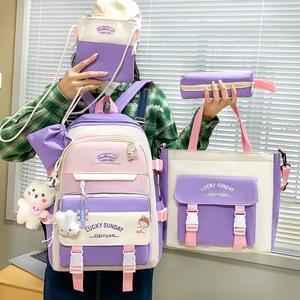 Middle High <b>School</b> & College Female Fashionable Simple Color-Matching Casual Canvas <b>Backpack</b> - Product Image 4