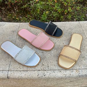 Fashionable Grid Full diamond Cool Drag square <b>Toe</b> Flat Strap Versatile Outdoor Wear Summer Sparkling diamond Women's Shoes - Product Image 5
