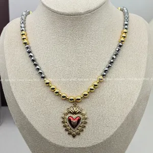 Venta al por mayor de moda lindo corazón encanto colgante diamante pavimentado cadena ajustable gargantilla oro cuentas collar joyería para Mujeres Hombres