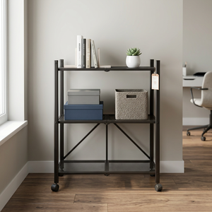 Étagère de rangement pliable à 3 niveaux en métal grillagé avec roulettes, étagère roulante en acier thermolaqué - Product Image 6