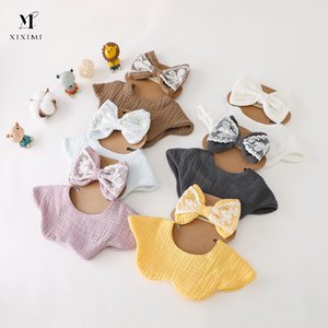 Set 2 PCS Bib Bayi Baru Lahir Warna Solid Bahan Katun Murni Penyerap Air Liur dengan Ikat Rambut Pita Renda - Product Image 1