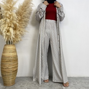 6674# Summer Fast Fashion 2 Piece Set Satin <b>Printed</b> Pant Sets With Buttons Long Cardigan Loose Women Pants for Muslim Women - Product Image 6
