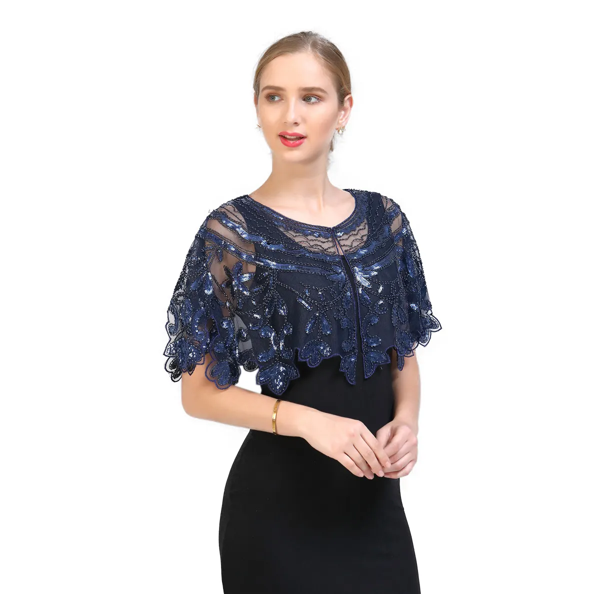 Women's Elegant Shiny Sequin Embroidery Flower pattern Mesh Evening Dresses short shawl Free size