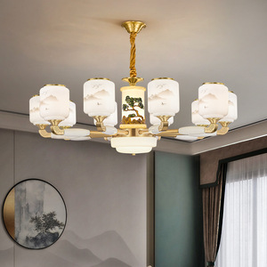 Chinese Style All Copper Jade Chandelier <b>Led</b> <b>Light</b> Multi Head Round For Living Room Bedroom Dining Room - Product Image 1