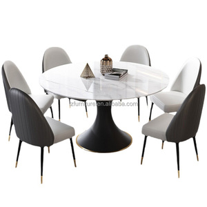 Modern <b>Round</b> Sintered Stone Dining <b>Table</b> Extendable <b>White</b> Marble Top Black Tulip Base Gold Trim Luxury Restaurant Furniture - Product Image 1