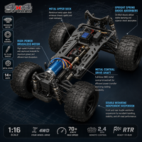 Camion tout-terrain télécommandé rapide 4x4 70KM/H 1/16 avec moteur brushless, direction à double vitesse, buggy RC robuste, barre anti-roulis et chargeur