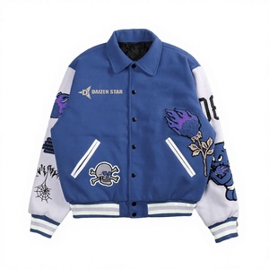DAIZEN <b>STAR</b> Men Canvas Winter Varsity <b>Jacket</b> Blue White Sleeve Embroidered Skulls Rose Patch Design Turn-down Collar Single - Product Image 1