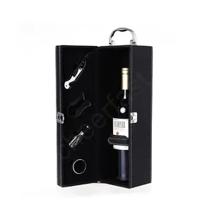 DDP Shipment Gift Wine Bottle Box Package Vintage PU Leather Wine Carrying Case And Handle Black PU Leather Bottle Wine Box