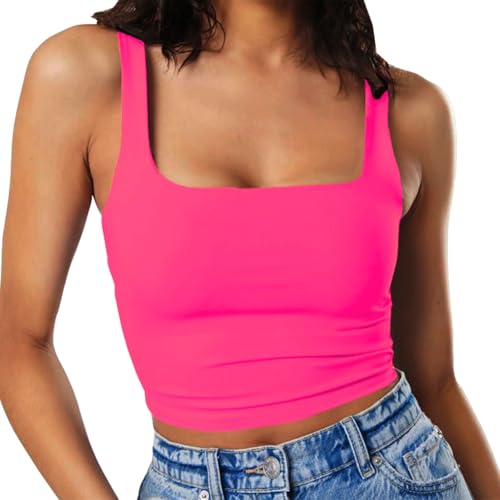 HUACHEN Women's Sleeveless Strappy Square Neck Double Layer Spandex Breathable Casual Workout Fitness Tank Tops Regular Length
