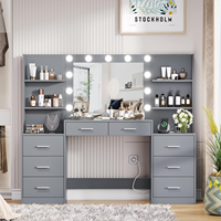 Table de maquillage Miroir Lumineux Power Strip Grand Tiroir Ouvert Commode de Rangement 3 Modes Lumineux Réglable Coiffeuse Gris