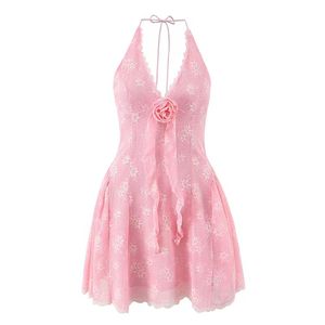 Nouvelle robe moulante en dentelle, couleur unie, élégante, mini, col halter, sans manches, dos nu, sexy pour femme - Product Image 3