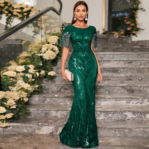 Lüks zarif kat-uzunluk kaporta boyun saçak dekor resmi balo/parti kadın pullu Mermaid abiye V boyun geri - Product Image 2