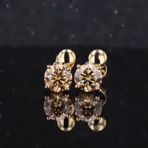 Round shape pure gold earring 1 carat Moissanite gemstone Jewelry luxury 18k yellow solid Gold earrings