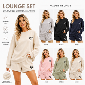 Ensemble de survêtement doux en molleton pour femme avec broderie cœur personnalisée, haut à col rond et épaules tombantes, et short à cordon de serrage avec poches - Product Image 2