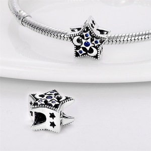 Bohemian-style star and moon pendant, set with blue zircon and feathers, made of vintage <b>silver</b>-plated white brass - Product Image 5