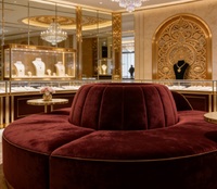 Comptoir de présentation de bijoux en verre incurvé de luxe, canapé VIP en velours bordeaux, cadre plaqué or, vitrine haut de gamme pour salle d'exposition de bijoux