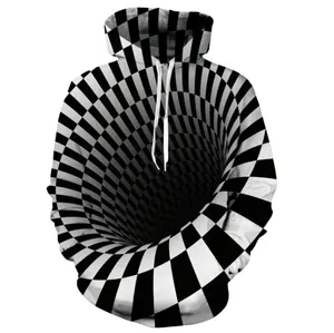 Blusa de sublimação 3D com capuz e estampa digital de Natal, manga longa, preto e branco, padrão geométrico giratório