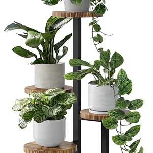Support à plantes moderne en bois avec poteau métallique, présentoir rond à plusieurs niveaux pour fleurs, pour décoration intérieure - Product Image 3