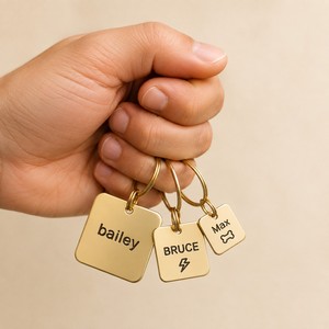 Étiquettes de nom pour animaux de compagnie en laiton poli, gravure personnalisée de texte et d'icônes, forme carrée, étiquettes métalliques durables pour <span class=keywords><strong>chien</strong></span> et <span class=keywords><strong>chat</strong></span> - Product Image 3