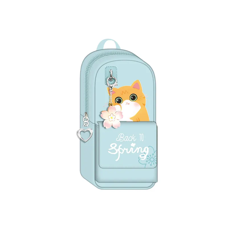 กระเป๋าใส่ดินสอแมวน้อยน่ารักเหมือนกระเป๋าเป้สะพายหลังขนาดเล็กพร้อมจี้ดอกไม้