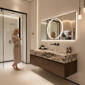 <span class=keywords><strong>Meuble</strong></span>-lavabo mural flottant en bois cannelé de style scandinave moderne avec dessus en marbre et lavabo vasque doré pour hôtel YG21 - Product Image 2