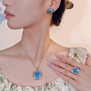 Fashion Eco-friendly Copper Rose Cut 18-14mm Sea Blue Cubic Zirconia Jewelry Set <b>Delicate</b> Pendant Earrings Ring Set for Women - Product Image 2