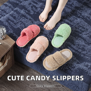 Chaussons d'intérieur pour femmes à bout fermé, très prisés à l'export, mignons, couleur bonbon en coton bouclé, antidérapants - Product Image 2