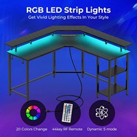 Nouveau bureau de jeu en forme de L en fibre de carbone noire avec éclairage LED et prises électriques, support complet pour moniteur