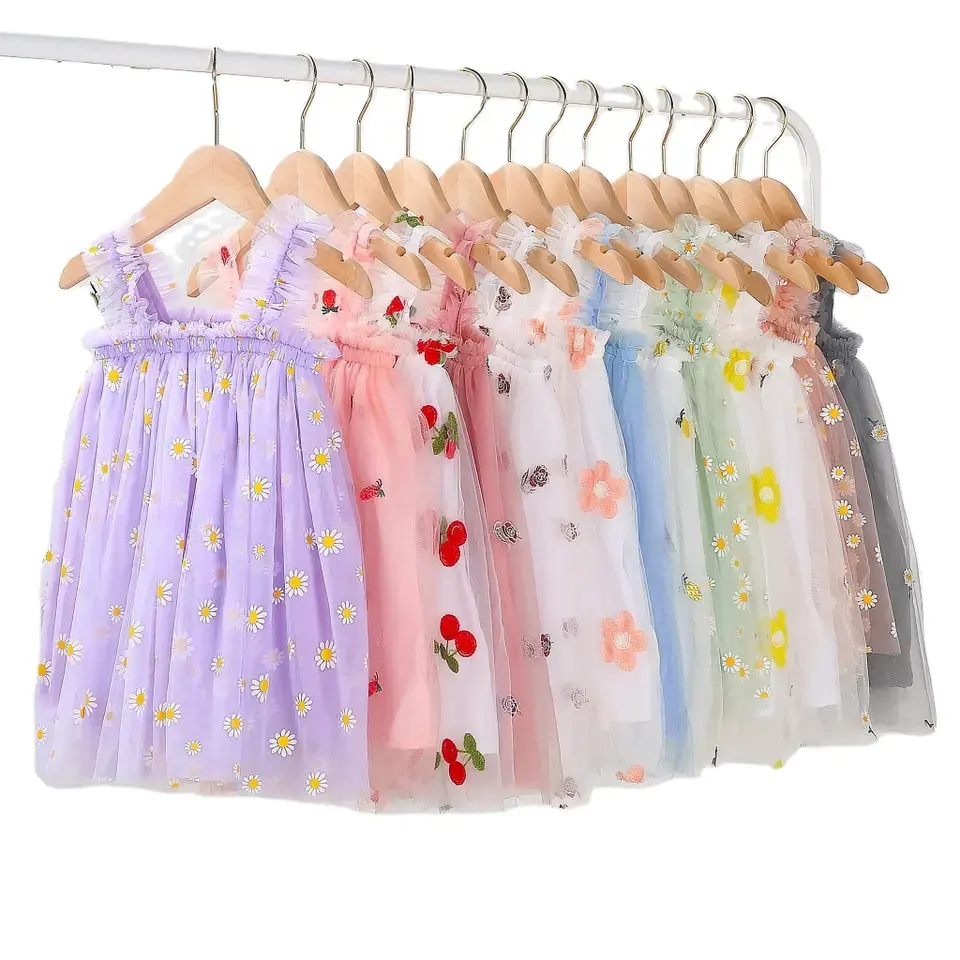 Rts vestidos de bebê, atacado margarida bordado floral crianças menina casual tira sem mangas vestido de tule vestido de verão bebê tutu